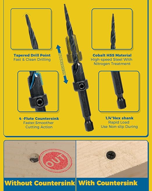 16PCS Countersink Drill Bit Set, Adjustable Depth Tapered Drill Bits with 4 Wood Plug Cutters & 1/4" Hex Shank, Counter Sink Drill Bit for Wood with Storage Box