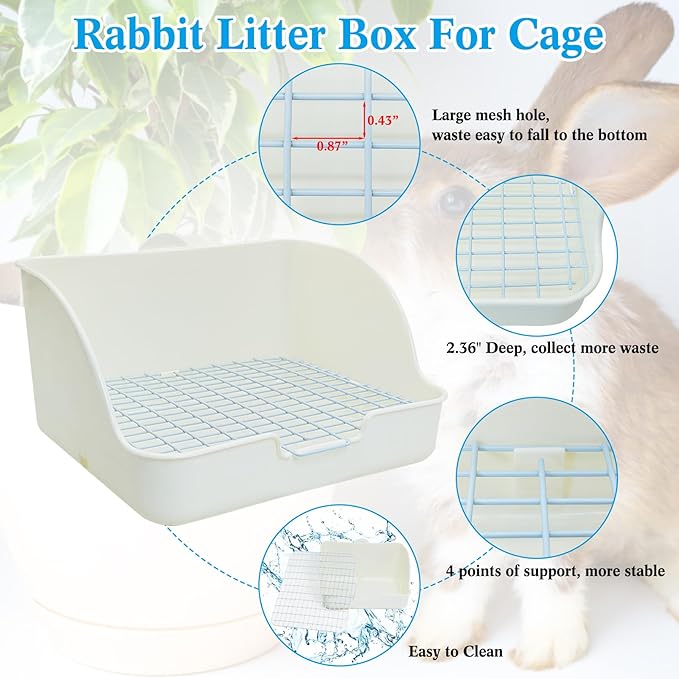 kathson Rabbit Litter Box with Grid-Small Animal Litter Pan for Cage with Automatic Water Bottle Broom- Corner Bunny Potty Training Toilet for Ferret Guinea Pig Hamster Hedgehog (White)