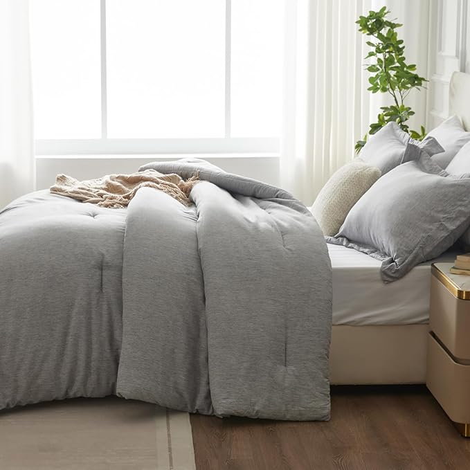 CozyLux Twin/Twin XL Comforter Set Dorm Bedding, 2 Pieces Light Grey Twin Extra Long Soft Luxury Cationic Dyeing Comforter for College, Light Gray Breathable Bed Set with 1 Comforter and 1 Pillow Sham