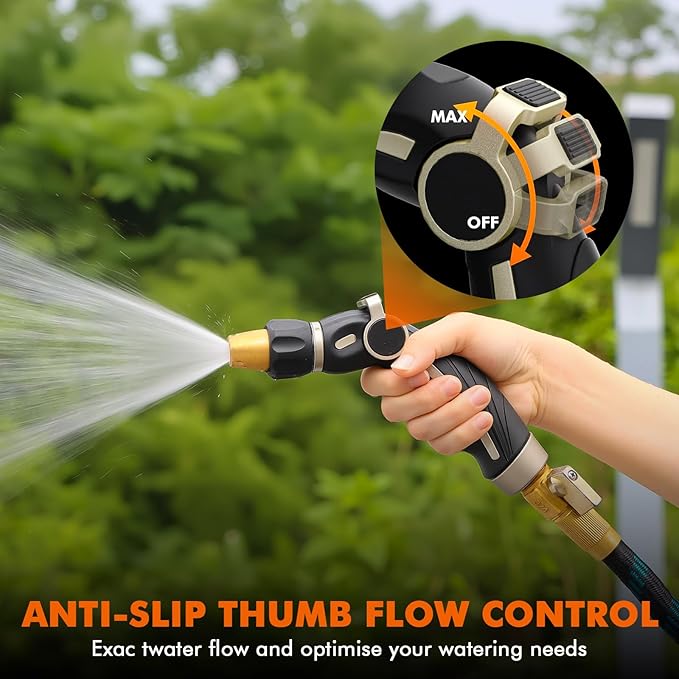 RESTMO High Pressure Hose Nozzle Sprayer, Heavy Duty Brass Head, Metal Water Hose Nozzle for Car Washing, Garden Cleaning, Lawn and Plant Watering, Adjustable Thumb Flow Control, 4 Spray Patterns