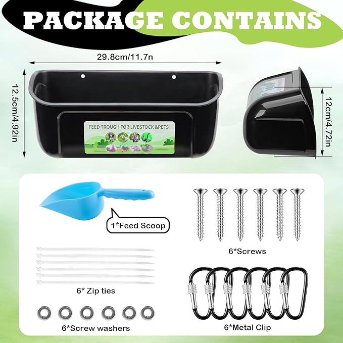 3 Pack Chicken Feeder, Duck Feeder Supplies, Hanging Fence Feed Trough with Clips for Goat, Sheeple, Piglet, Gooses, Turkeys, Dog Livestock Poultry, 8 Quarts in Total, Feed Scoop Included, Black
