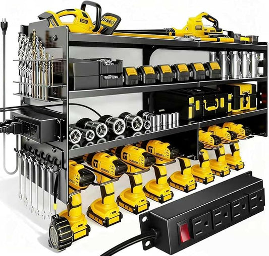 Heavy Duty Power Tool Organizer Wall Mount with Charging Station, 4 Layer Tool Storage Rack with 8 Drill Holder & Power Strip for Garage Workshop