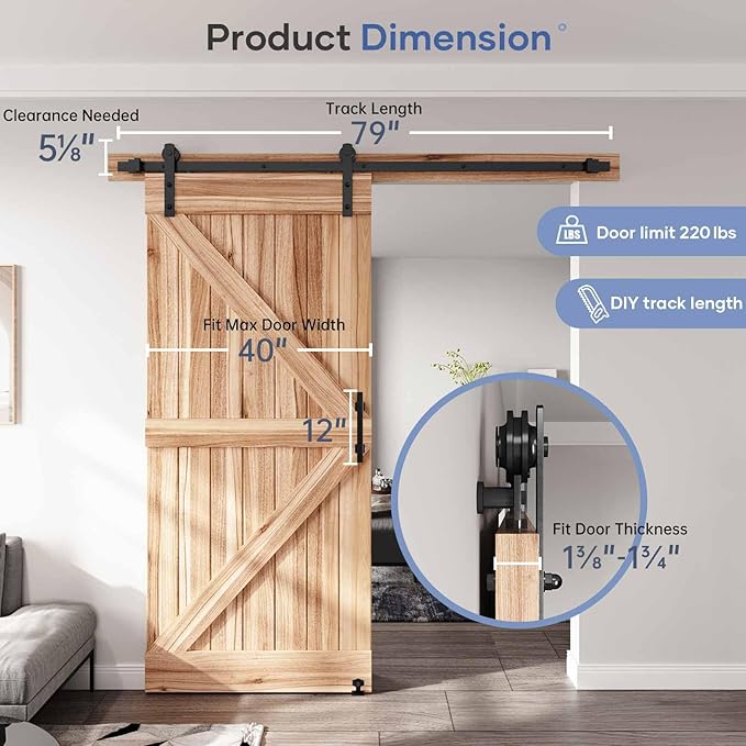 EaseLife 6.6 FT Sliding Barn Door Track and Handle Hardware Kit, Straight Pulley,Slide Smoothly Quietly,Easy Install (6.6FT Track Kit for 36"~40" Wide Single Door)