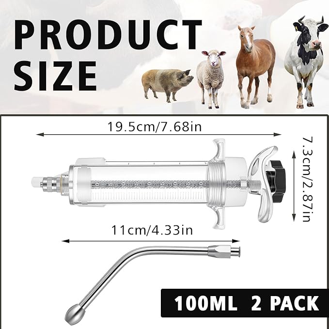 2 Pcs 100ml Large Cattle Drench Gun Big Dosage Feeding Gun Reusable Veterinary Medicine Syringe Continuous Dosing Feeding Dispenser Device for Pig Cow Sheep Goat Horse Livestock(Stylish)
