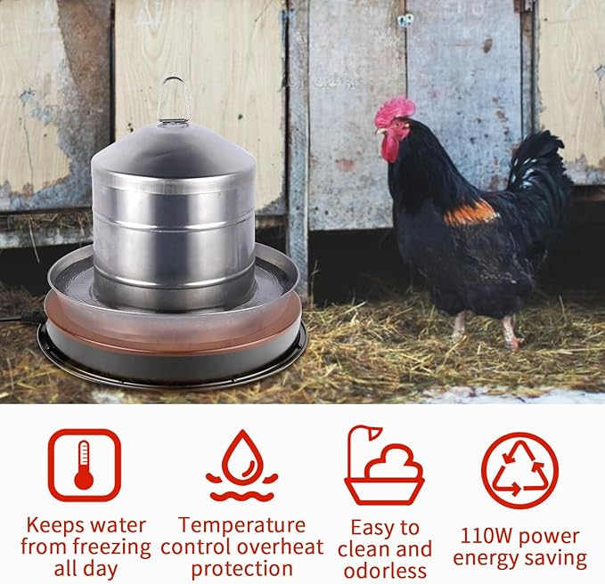 Chicken Water Heater-11in，Large 110Watt Heated Poultry Waterer Base for 5 Gallon,with Thermostat and 9.8ft Power Cord