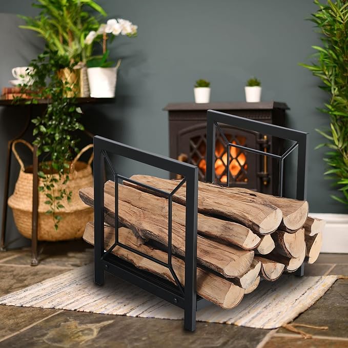 GREEN PARTY Firewood Rack Heavy Duty Large Firewood Holder, Indoor/Outdoor Log Rack Wood Holder for Fireplace, Kindling Wood Storage and Stove Accessories(Black) (Square Pattern)