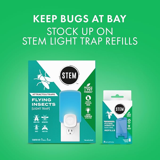 STEM Insect Trap - Indoor Fruit Fly & Gnat Pest Control for House, Home and Kitchen, Attracts & Traps Flying Bugs, Soft Blue Light - Includes 1 Plug-in Device & 3 Cartridges