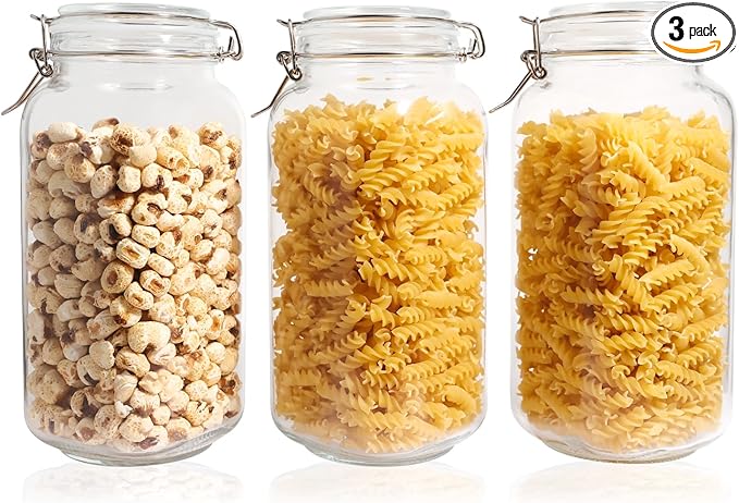 Glass Jars with Airtight Lid, Large Glass Food Storage Jars, 3 Pack Wide Mouth Airtight Glass Jars ffor Flour, Cereal, Coffee, Pasta and Canning(70OZ)