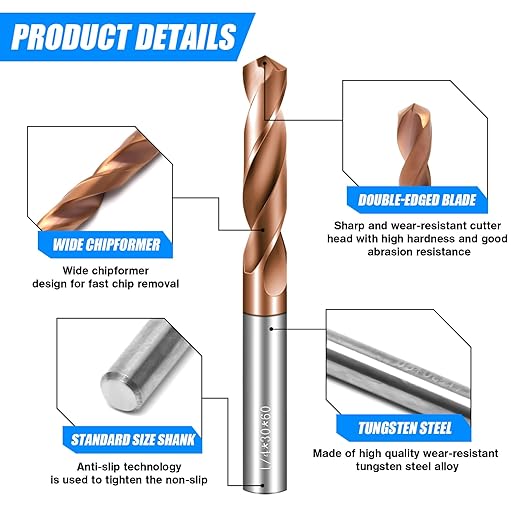 Solid Carbide 1/8" Drill Bits, Tungsten Carbide Drill Bit Set with TISIN Coated, Metal Drill Bit Set for Stainless Steel Hardened Steel Cast Iron Alloy Copper, 2 Pcs