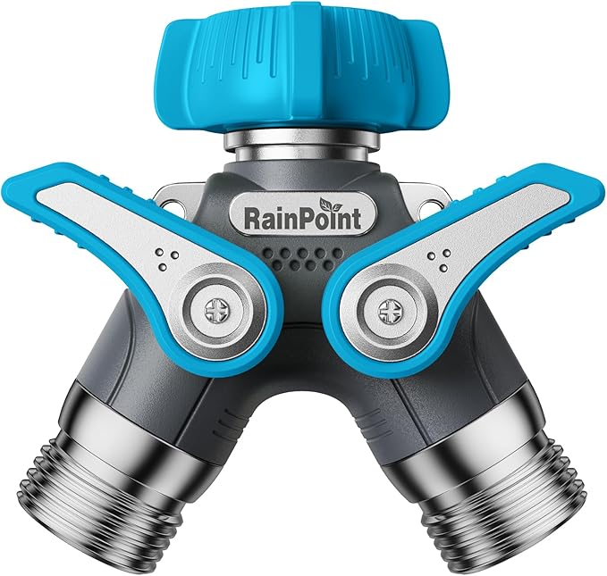 RAINPOINT Garden Hose Splitter, 2 Way Heavy Duty Water Hose Y Spigot Splitter with Shutoff Valves, 100% Metal Body Outdoor Faucet Splitter, 1.9" Extra Long Metal Handle, 3/4" GHT Thread (1, Blue)