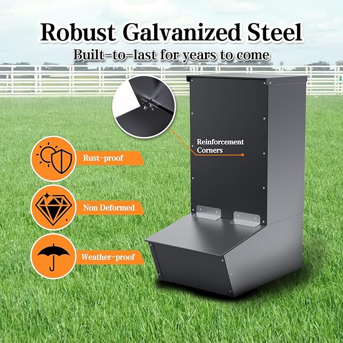 Hog Feeder, 2.5 Bushels Capacity, Heavy Duty Galvanized Steel Single Door Pig Feeder, Moisture Proof Piglet Creep Feeder, All Nuts Pre-Installed, Black