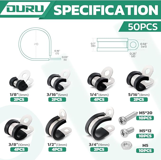 50PCS Cable Clamps with Screws Assortment Kit 304 Stainless Steel Rubber Coated Cushioned Insulated Cable Clamp,Automotive Wire Pipe Clamps 7 Sizes—1/8" 3/16" 1/4" 5/16" 3/8" 1/2" 3/4"