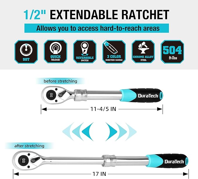 DURATECH 1/2-Inch Drive Extendable Ratchet, 90-Tooth Quick-release Ratchet Wrench with Cushion Handle & Telsecoping Locking Shaft (5 Length Adjustment: 11-4/5" to 17"), Reversible, Chrome Alloy Made