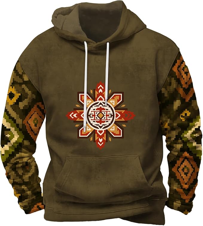 Mens Hooded Sweatshirt Vintage American Element Long Sleeve Fall Hoodie Classic Drawstring Front Pocket Pullover
