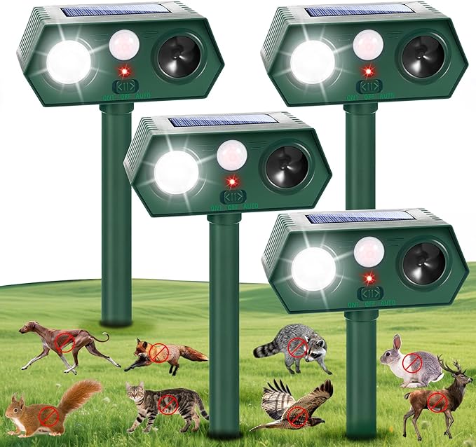 2025 Solar Ultrasonic Racoon Fortress Pro, Animal Repeller Deer Cat Repellent Devices Squirrel Rabbit Deterrent Outdoor with Motion Sensor&Flash Light to Scare Dog Skunk Out of Garden Yard(4Pack)