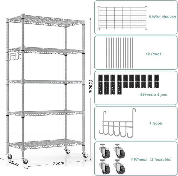 Himimi 5-Tier Storage Shelf Wire Shelving Unit on Wheels, Adjustable Heavy Duty Metal Shelves with Side Hooks, Steel Rack Organization for Kitchen Garage Basement, Silver