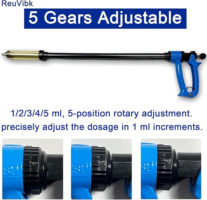50ML Long Arms Livestock Syringe Gun, 5 Gears Adjustable Animals Injector Continuous Cattle Syringe Gun with Luer Lock, Suitable for Pigs, Cattle, Sheep, Horses, Etc