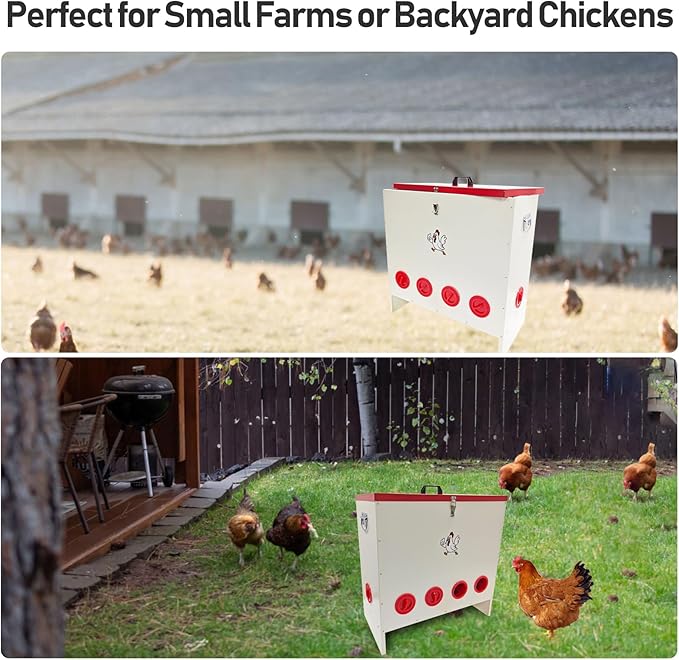 Metal Chicken Feeder 120 LBS Capacity, Automatic Poultry Feeder with 10 Ports, No-Waste Weather-Resistant Animal-Proof Outdoor Feed Bin for Chickens Ducks Geese Turkeys