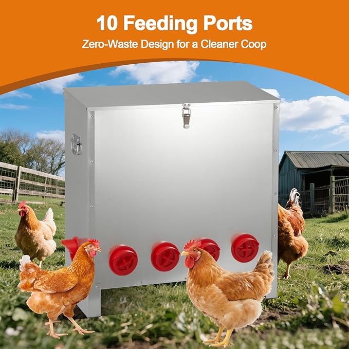 Automatic Chicken Feeder 85-120lbs Capacity, Galvanized Metal Poultry Feeding Equipment, Rainproof & Rodent Proof Large Chicken Food Dispenser for Backyard Coop & Farm Use (10 Ports)