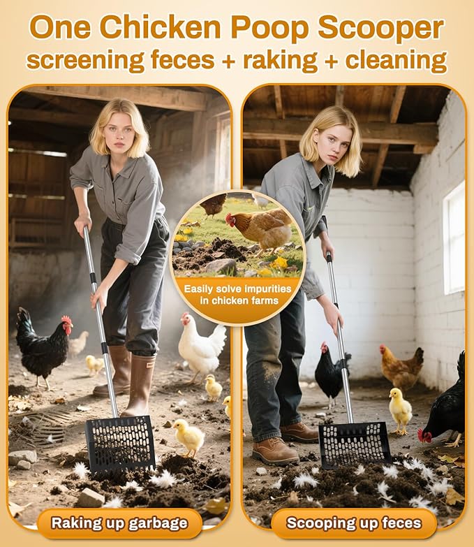 Chicken Poop Scooper for Sand,Coop Scoop 3 IN 1 Rake Function【Fine Sieve Holes】【Adjustable Stainless handle 24 to 68"】Metal Cat Litter Scoop, No Hole Shovel Side Scooper Chicken Poop Scooper for Sand