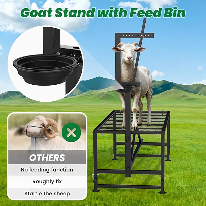 Goat Stand for Milking with Feed Bin, 600LBs Metal Trimming Stand for Sheep Goat with Adjustable Size Goat Milking Stand for Clipping Hooves