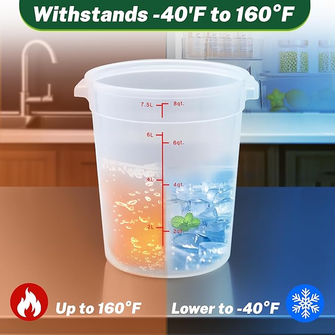 Round Food Storage Container with Lid, 8Qt Translucent, Commercial 4 Pack of – NSF Listed, BPA-Free, Polypropylene, Non-Stick, Scale, with Labels & Measuring Cups