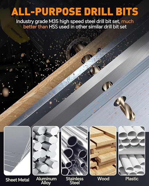 COMOWARE Cobalt Drill Bit Set- 21Pcs M35 High Speed Steel Twist Jobber Length for Hardened Metal, Stainless Steel, Cast Iron and Wood Plastic with Metal Indexed Storage Case, 1/16"-3/8"