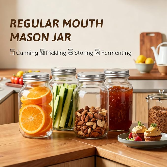 Mason Jars with Lids 32 oz, 2 Pack Regular Mouth Glass Canning Jars for Food Storage, Juice, Jam, Candies, Snack