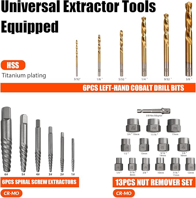 26Pcs Bolt Extractor Kit and Left Handed Drill Bit, Easy Out Screw Extractor with Reverse Drill Bit Extractor Set for Damaged Stripped Broken Lug Nut Bolt and Nut Remove with Hex Adapter