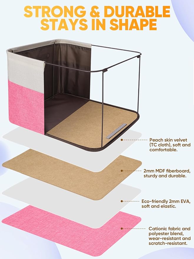 BALEINE 4 Pack Fabric Storage Bins for Shelves, Linen Storage Baskets for Organizing, Decorative Closet Bins for Clothes, Home (Pink, 14''x10''x8.5')