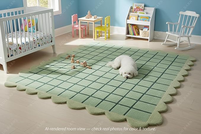 Mint Green Scalloped Edge Wool Area Rug with Checker Grid Design, Hand-Tufted Soft Carpet for Living Room, Bedroom, Nursery, Kids & Playroom Décor - 2x3 Ft