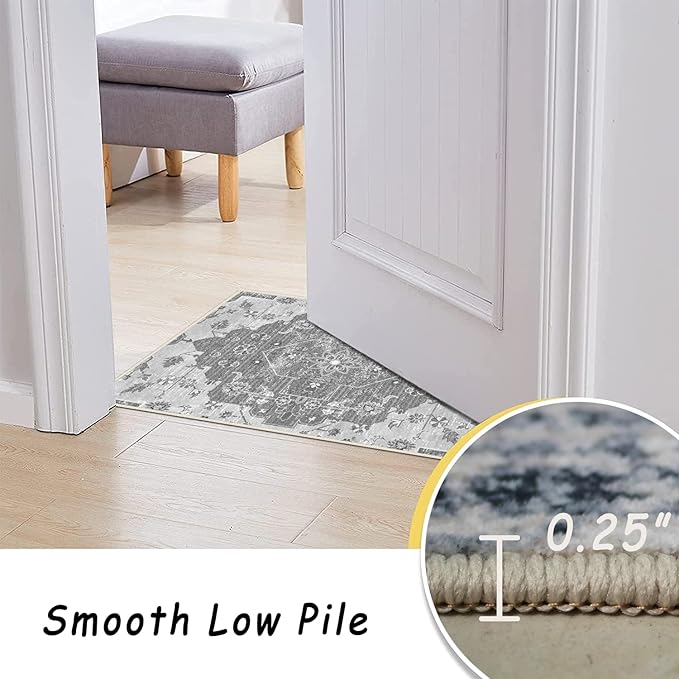 vivorug 8x10 Area Rugs, Stain Resistant Washable Rug for Living Room, Vintage-Inspired Grey Floral Rug