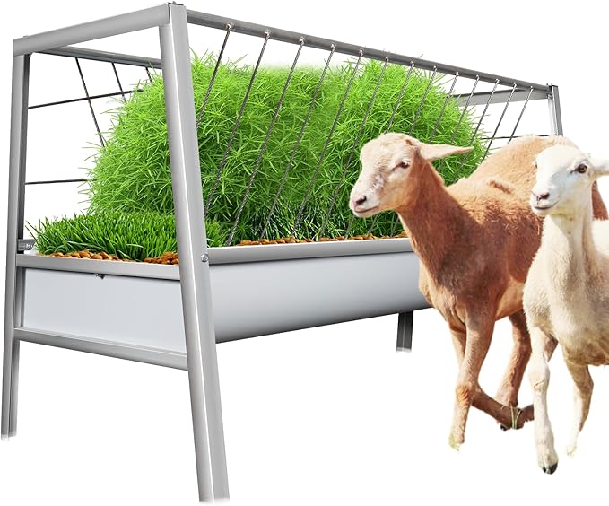 99 Gallon Pasture Hay Feeder, 2 in 1 Galvanised Steel Goat Hay Feeder with Deeper Feeding Pan for Goat Sheep Horse, Detachable Livestock Feeder Ease of Assembly in Farm Outdoor, Silver