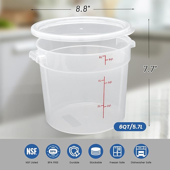 4 Pack 6QT Round Food Storage Containers with Lids, BPA-Free Polypropylene NSF Commercial Food Container, with Labels & Measuring Cup