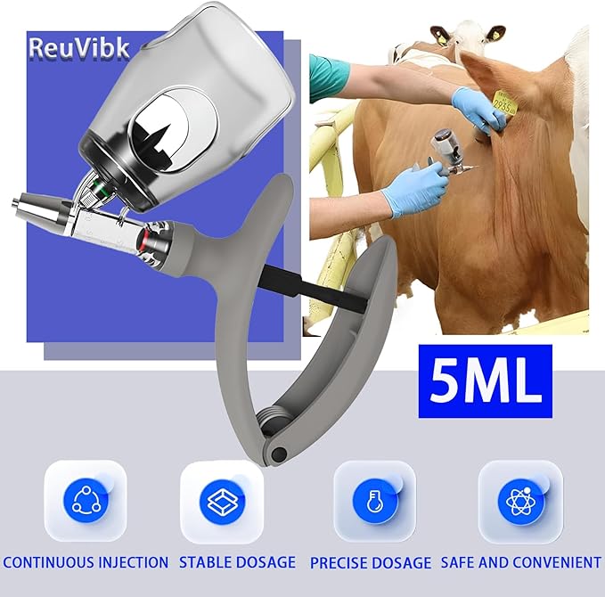 5ML Livestock Syringe Gun, Automatic Self Refill Injection Gun Continuous Adjustable Bottle Attachment Livestock Animal Syringe with 10 Needles, for Chicken, Duck, Pig, Sheep, Cow Poultry