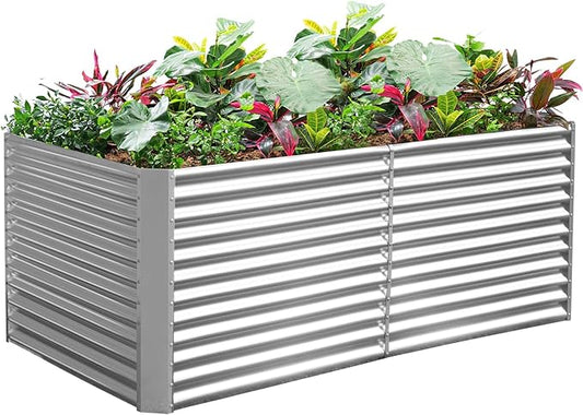 Land Guard 8x4x3ft Rectangular Galvanized Raised Garden Beds, Large-Capacity Metal Planter Box Outdoor, Durable Deep Raised Garden Bed 3ft Tall, Raised Beds for Gardening Vegetables, Classic Silver