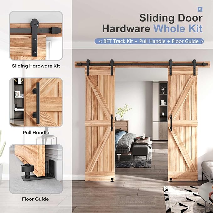 EaseLife 8 FT Double Sliding Barn Door Track and Handle Hardware Kit,Straight Pulley,Slide Smoothly Quietly,Easy Install (8FT Track Kit for 20"~24" Wide Double Door)