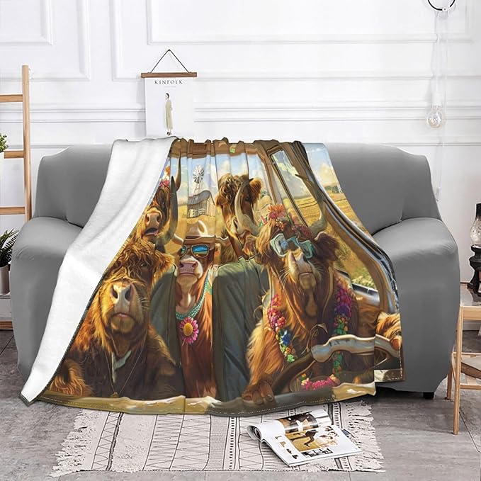 Funny Highland Cow Throw Blanket Hawaii Highland Cow Decor Blanket Super Cozy Plush Lightweight Soft Plush Flannel Fleece Cow Blanket Gifts for Girls Boys Kids Women Men for Sofa Bed Couch 60"X50"