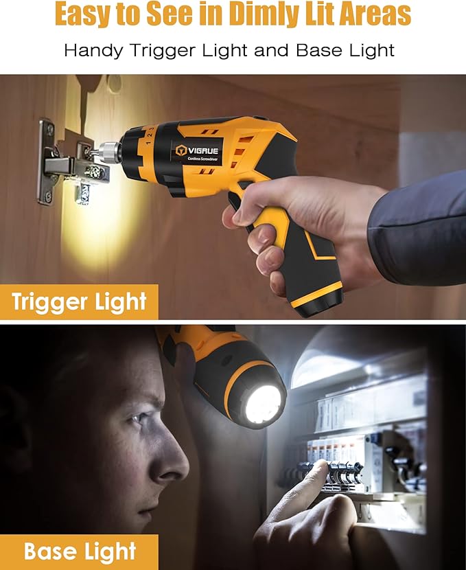 VIGRUE Cordless Screwdriver Set, Rechargeable Electric Screwdriver with 45 Free Accessories, Battery Indicator, 7 Torque Setting, 2 Position Handle with LED Light, Flexible Shaft