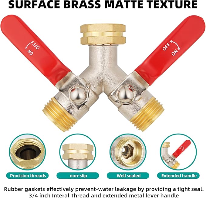 Hose Splitter 2 Way, High Flow Garden Hose Splitter, 3/4” Ght Inlet Brass Heavy Duty Hose Converter, Full Flow water 2 Way Faucet hose splitter, Long Handle Hose Valve Large Outlet.