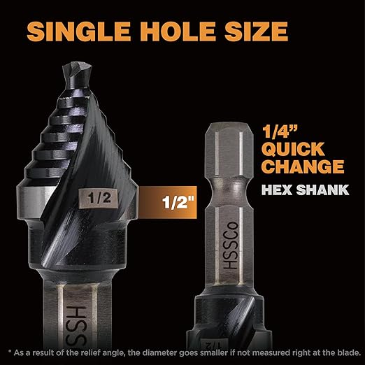 M35 HSS 1/2 Inch Step Drill Bit, Single Size Unibit with Double Spiral Flutes for Drilling Small Holes on Stainless Steel, Metal, Wood, Plastic