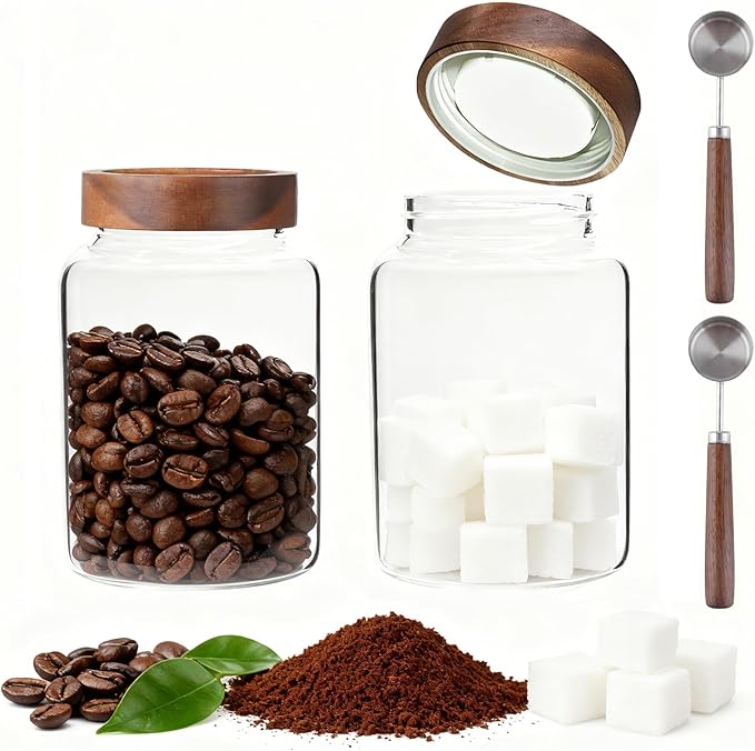 Glass Coffee Jars Spice Jar Round Storage Canister with Wooden Lid Clear Glass Food Jar for Pantry Sugar Tea Coffee Bean Spice Nuts Cookies Bath Salts (1800ml/60oz-2PACK（with spoon)