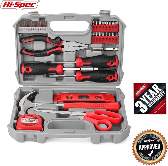 Hi-Spec 38pc Red Household DIY Small Tool Kit. Toolbox Set of Starter Basic Tools Kit for Home & Office
