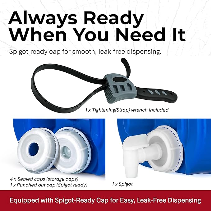 Emergency Water Storage Containers - 5 Gallon Each Water Storage Tank w/Lids + Spigot - Water Storage Container, Emergency Water Container, Survival Storage Tank - Stackable (20 Gallons (4 Tanks))