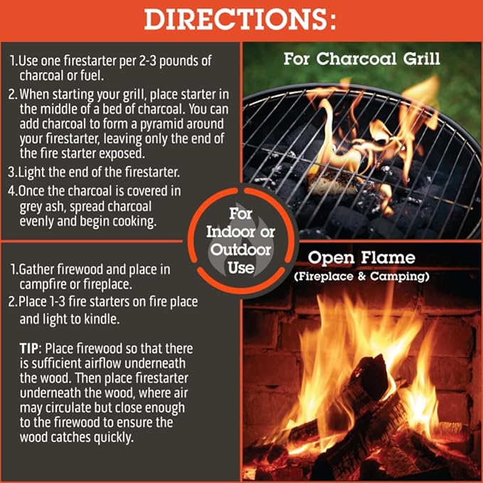 All Natural Fire Starters (50 Pack) - Unique Design Lights Quick & Easily with No Flare Up- Indoor Outdoor Use for Barbecue Charcoal Grill, Campfire, Pellet Stove, Firewood - BBQ Grilling Xmas Gift
