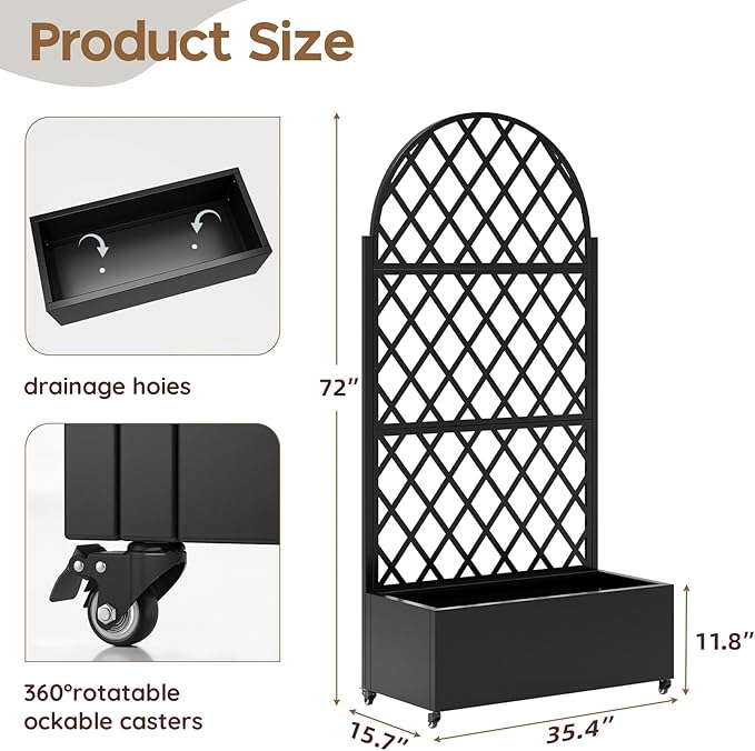 Metal Planter with Trellis& Wheels 72" x 35"x 15.7" Raised Garden Bed with Trellis,Privacy Planters for Patio,Garden Bed for Climbing Plants,Suitable for Climbing Plants and Vegetables,Black