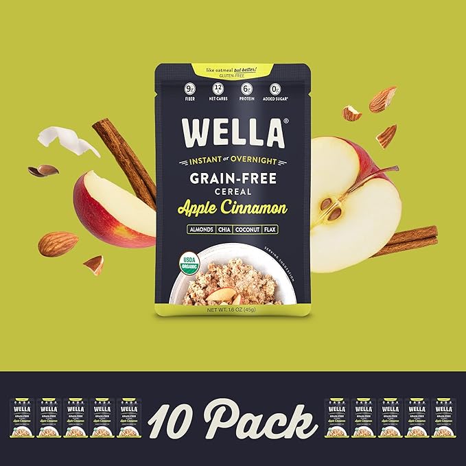 Wella Cereal Oatmeal Alternative, Gluten-Free Breakfast Hot Cereal, Grain-Free Paleo Organic Vegan High Protein Superfood, Plant-Based Non-GMO, Low in Net Carbs, Single-Serve Packets, Apple Cinnamon Flavor (10 Count, 1.6 oz. Packets)