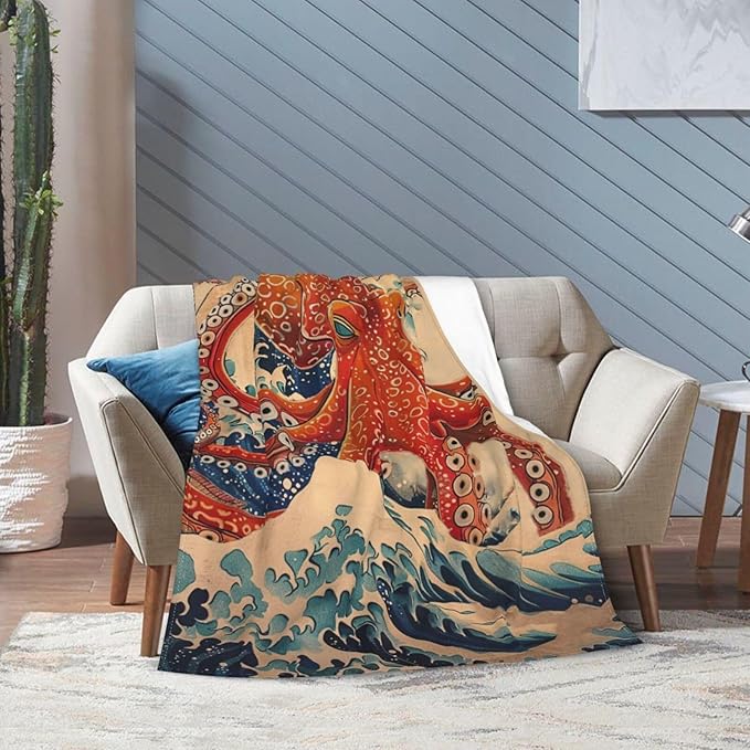 Japanese Octopus Throw Blanket Rustic Octopus Fleece Plush Super Soft Cozy Warm Lightweight Ocean Nautical Decor Gifts for Boys Girls Kids Adults Men Women 40" x 50"