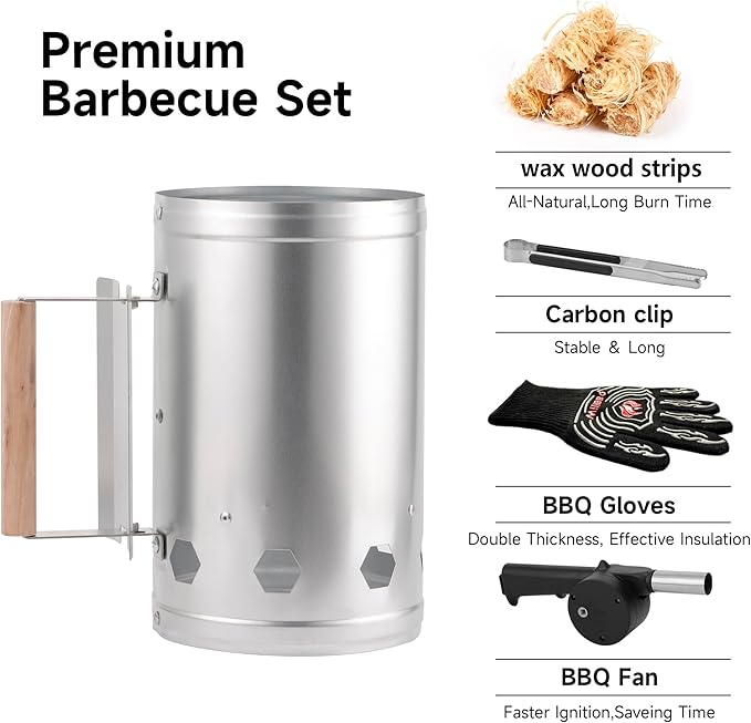 WILLBBQ Charcoal Chimney Starter, Heavy Duty Premium Chimney Starter for Charcoal Grills BBQ Accessory with Heat Resistant Wooden Handle for Outdoor Grill Camping (‌Silvery)
