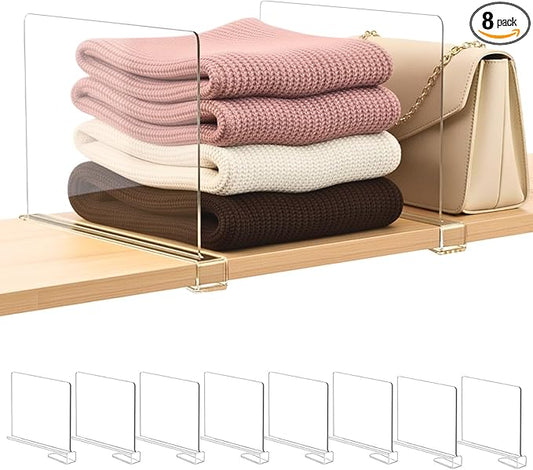 Shelf Dividers Purse Organizer for Closet: 8-Pack Acrylic Bag Storage Organizer for Handbags, Clutches, Clothes, Sweater, Towel on Wood Shelves